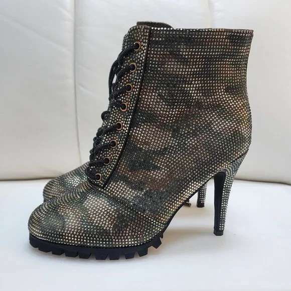 GLAM CAMO Crystal Studded Lug Sole Combat Stiletto Heel Boots - Size 10 LIKE NEW - Picture 2 of 10